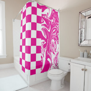 Checks and Swirls in Magenta and White Shower Curtain