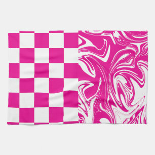 Checks and Swirls in Magenta and White Tea Towel