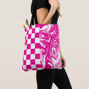Checks and Swirls in Magenta and White Tote Bag