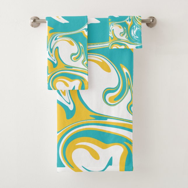 Checks and Swirls in Turquoise, Yellow, and White Bath Towel Set (Insitu)