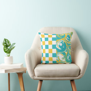 Checks and Swirls in Turquoise, Yellow, and White Cushion