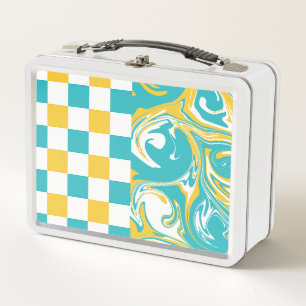 Checks and Swirls in Turquoise, Yellow, and White Metal Lunch Box