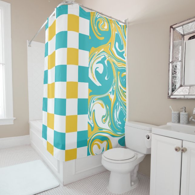 Checks and Swirls in Turquoise, Yellow, and White Shower Curtain (In Situ)