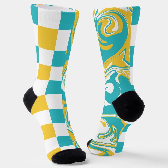Checks and Swirls in Turquoise, Yellow, and White Socks (Angled)