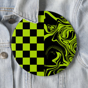 Checks and Swirls - Lime Green and Black 6 Cm Round Badge