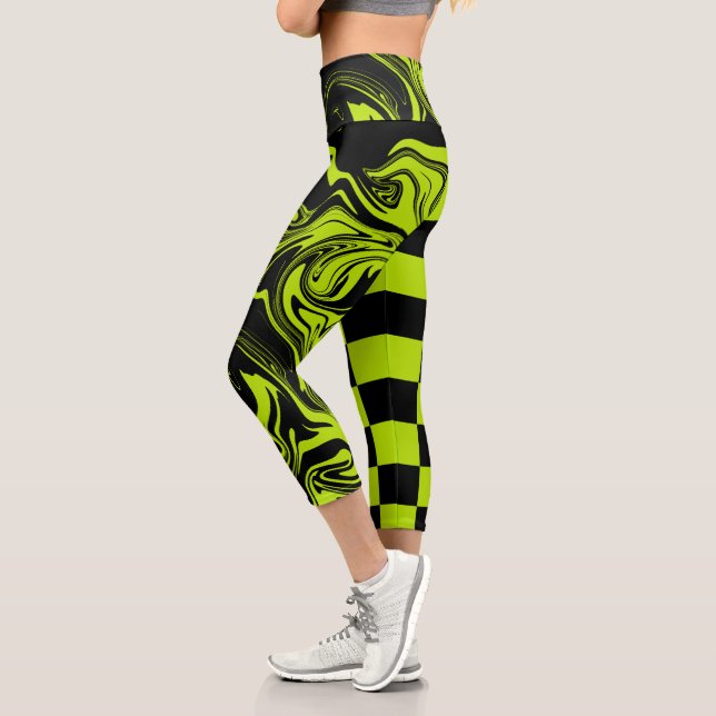 Checks and Swirls - Lime Green and Black Capri Leggings (Left)