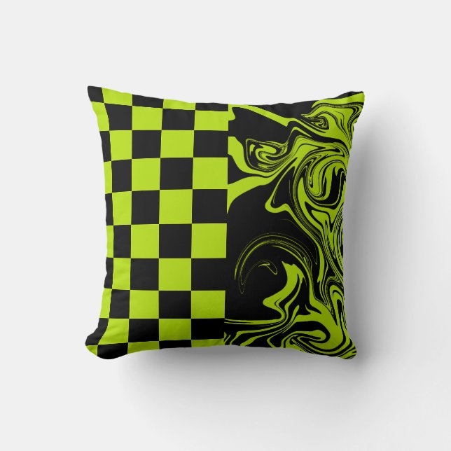 Checks and Swirls - Lime Green and Black Cushion (Front)