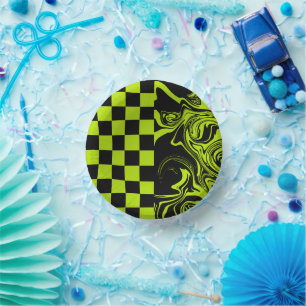 Checks and Swirls - Lime Green and Black Paper Plate