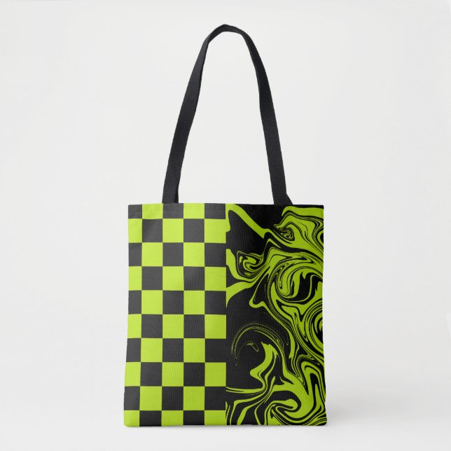 Checks and Swirls - Lime Green and Black Tote Bag (Front)