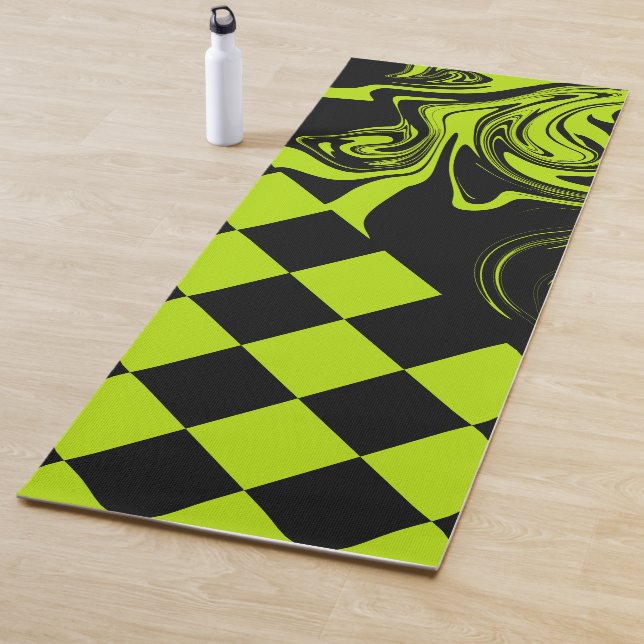 Checks and Swirls - Lime Green and Black Yoga Mat (In Situ)