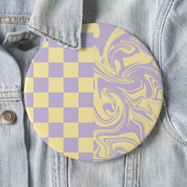 Checks and Swirls - Pastel Yellow and Purple 6 Cm Round Badge (In Situ)