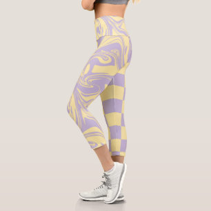 Checks and Swirls - Pastel Yellow and Purple Capri Leggings
