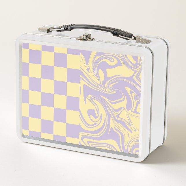 Checks and Swirls - Pastel Yellow and Purple Metal Lunch Box (Front)