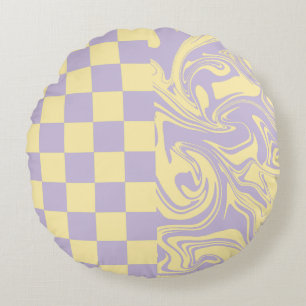 Checks and Swirls - Pastel Yellow and Purple Round Cushion
