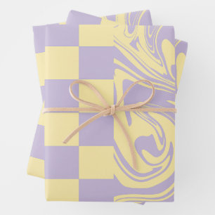 Checks and Swirls - Pastel Yellow and Purple Wrapping Paper Sheet