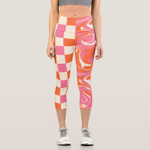 Checks and Swirls - Pink, Orange and Cream Capri Leggings