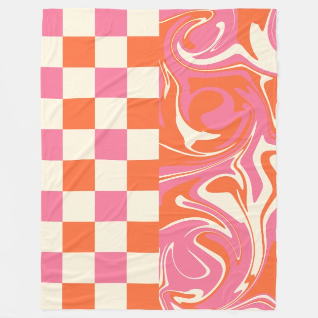 Checks and Swirls - Pink, Orange and Cream Fleece Blanket (Front)