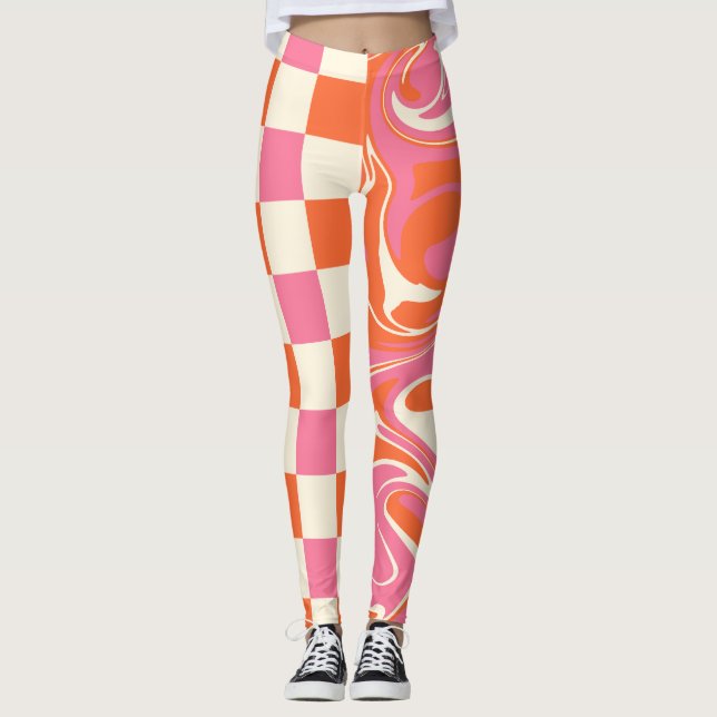 Checks and Swirls - Pink, Orange and Cream Leggings (Front)