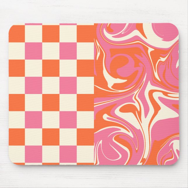 Checks and Swirls - Pink, Orange and Cream Mouse Mat (Front)