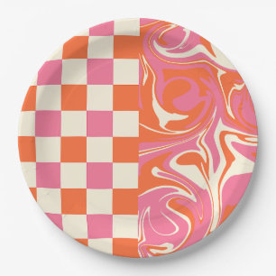 Checks and Swirls - Pink, Orange and Cream Paper Plate