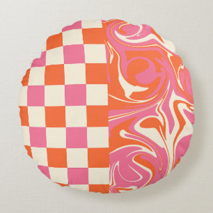 Checks and Swirls - Pink, Orange and Cream Round Cushion