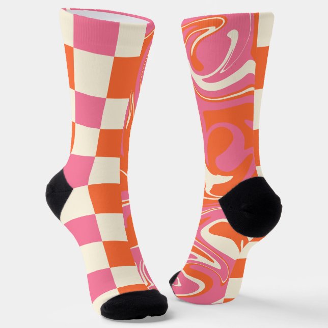 Checks and Swirls - Pink, Orange and Cream Socks (Angled)