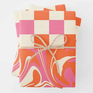 Checks and Swirls - Pink, Orange and Cream Wrapping Paper Sheet