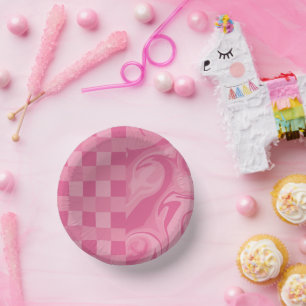 Checks and Swirls - Pink Paper Plate