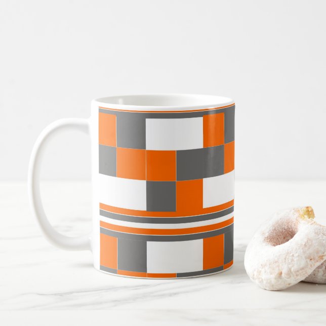 Checks Stripes Orange Grey White Pattern Coffee Mug (With Donut)