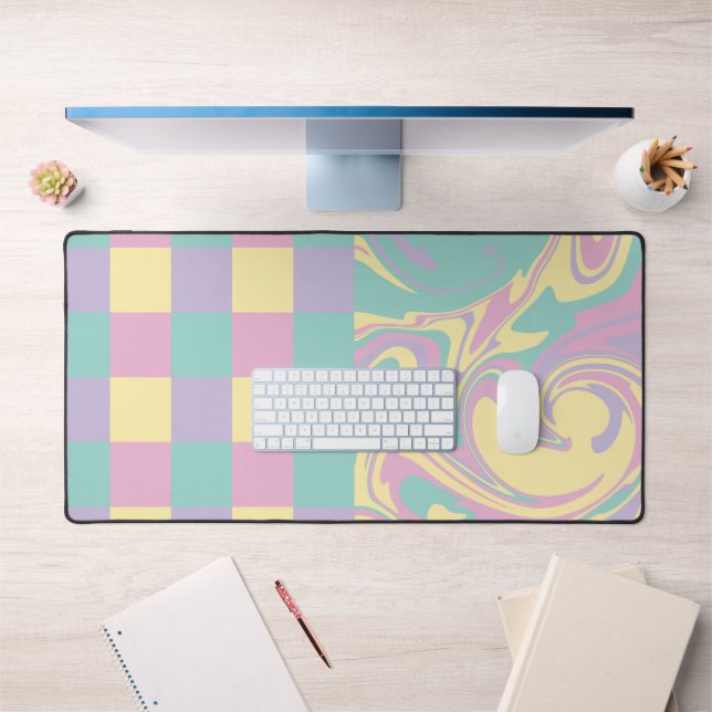 Checks & Swirls Pastel Pink,Yellow, Purple & Green Desk Mat (Office 1)