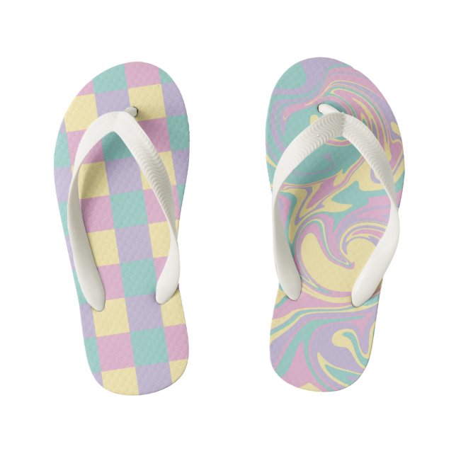 Checks & Swirls Pastel Pink,Yellow, Purple & Green Kid's Flip Flops (Footbed)