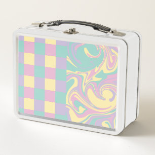 Checks & Swirls Pastel Pink,Yellow, Purple & Green Metal Lunch Box