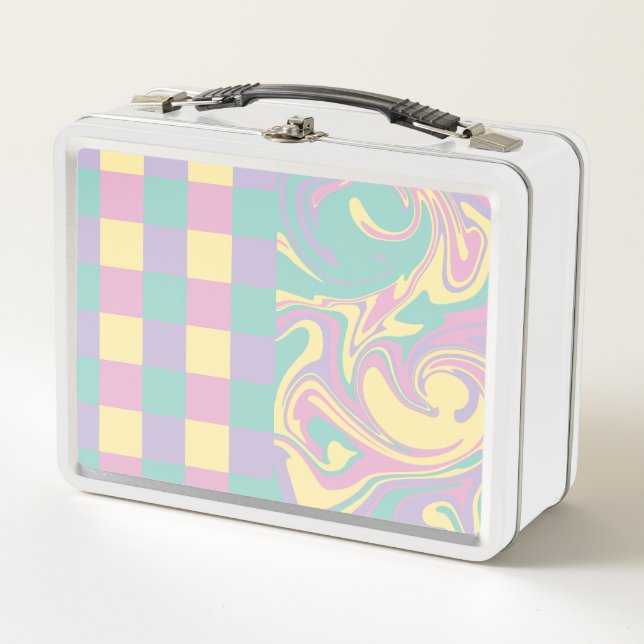 Checks & Swirls Pastel Pink,Yellow, Purple & Green Metal Lunch Box (Front)