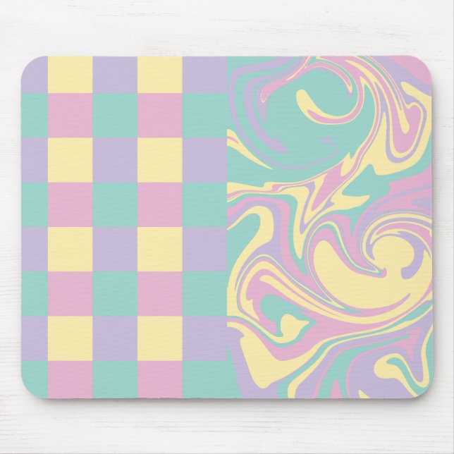 Checks & Swirls Pastel Pink,Yellow, Purple & Green Mouse Mat (Front)