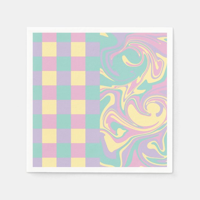 Checks & Swirls Pastel Pink,Yellow, Purple & Green Napkin (Front)