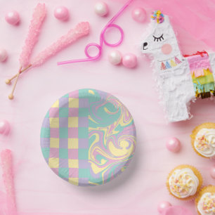 Checks & Swirls Pastel Pink,Yellow, Purple & Green Paper Plate