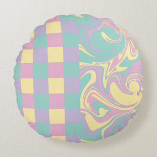 Checks & Swirls Pastel Pink,Yellow, Purple & Green Round Cushion