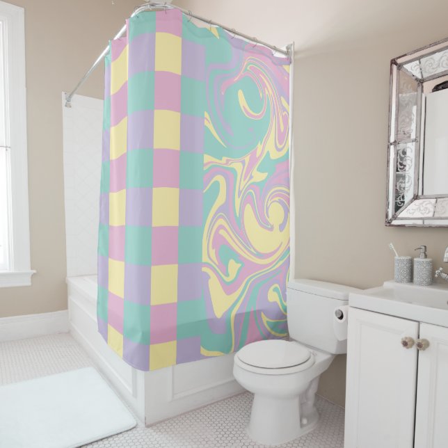 Checks & Swirls Pastel Pink,Yellow, Purple & Green Shower Curtain (In Situ)