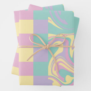 Checks & Swirls Pastel Pink,Yellow, Purple & Green Wrapping Paper Sheet
