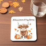 Cheeky Autumn Highland Cow Coaster<br><div class="desc">Brighten up your home decor with the Cheeky Autumn Highland Cow coaster! Featuring a playful highland cow surrounded by vibrant pumpkins and autumn leaves, this coaster adds a whimsical touch to your fall gatherings. Crafted from durable materials, it effectively protects your surfaces from scratches and moisture while bringing a smile...</div>