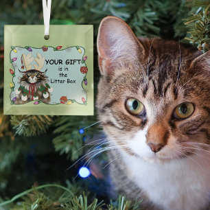 Cheeky Christmas Cat Humour Maine Coon Green Funny Glass Tree Decoration