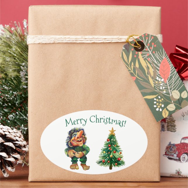 Cheeky Christmas Troll and Tree Delight  Oval Sticker (Holiday)