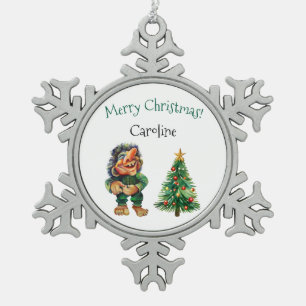 Cheeky Christmas Troll and Tree Delight Snowflake Pewter Christmas Ornament