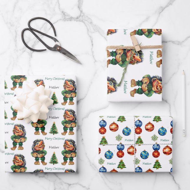 Cheeky Christmas Troll and Tree Delight  Wrapping Paper Sheet (Front)