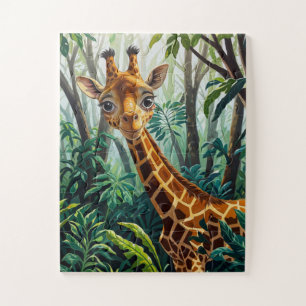 Cheeky Cute Cartoon Giraffe Hiding in Trees Jigsaw Puzzle