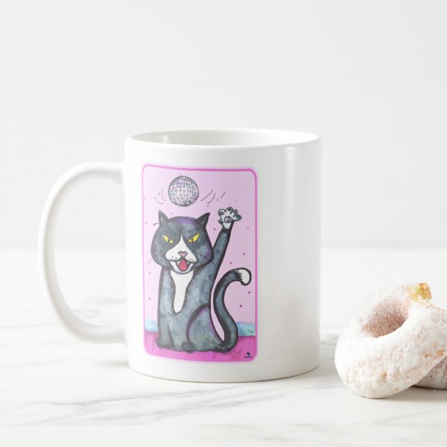 Cheeky Dancing Disco Ball Cat Cartoon Fun Art Coffee Mug (With Donut)