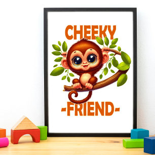 Cheeky Friend pun Cute Baby Monkey on tree cartoon Photo Print