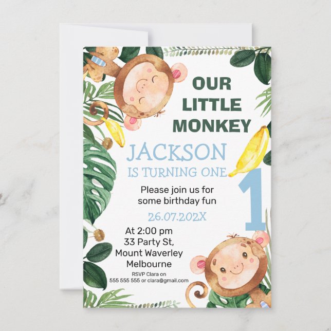 Cheeky Little Monkey Bananas Boys 1st Birthday Invitation (Front)