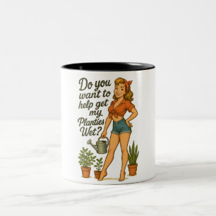 Cheeky Pin-Up Gardener Planties Pun Design Two-Tone Coffee Mug