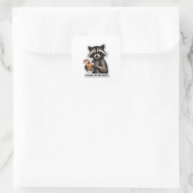 Cheeky Racoon with Whiskey Sour – Playful Cocktai Square Sticker (Bag)